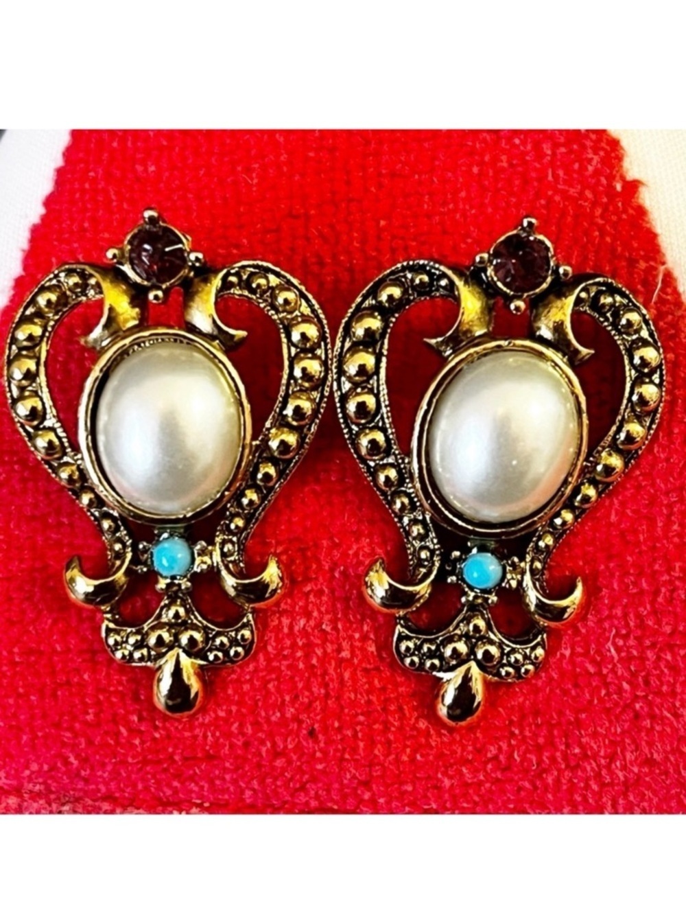 1928 Victorian Style Earrings Gold-Tone Faux Pearl Rhinestone Royal Regal Vtg